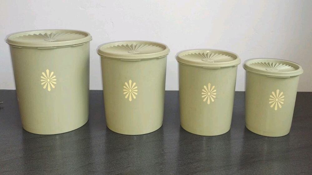 Vintage 4 Piece Tupperware Sunburst Canisters Avocado/ Sage Green With Lids